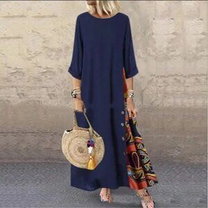 2/$40 Navy Blue Maxi A-Line Dress with Patterned Panel 3/4 Sleeve Plus Size 2XL